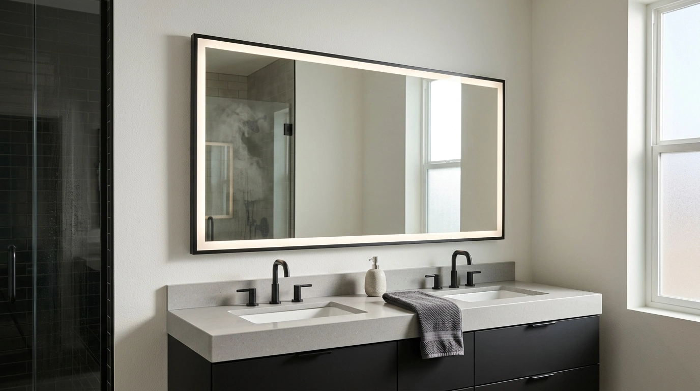 48x32 Black LED Bathroom Mirror: Dimmable, Anti-Fog